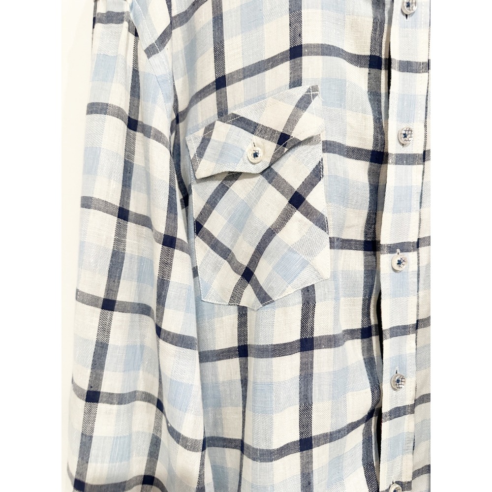 Bugatchi Shaped Fit Blue Plaid Linen Button Down Size XL - Picture 4 of 9